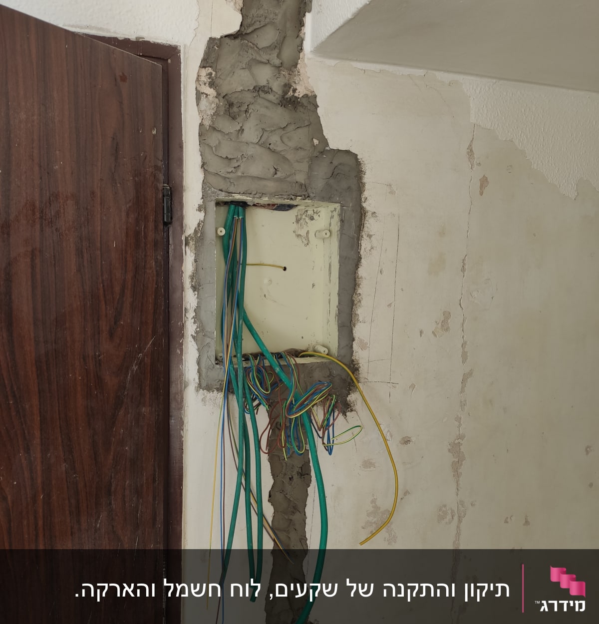 חוטי חשמל צבעוניים יוצאים מקופסת חשמל בקיר
